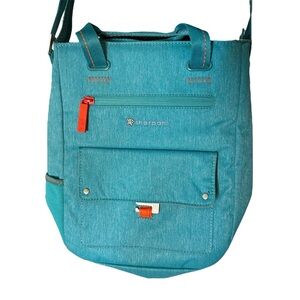 SHERPANI Crossbody Travel Bag Canvas Teal Blue Orange Accents